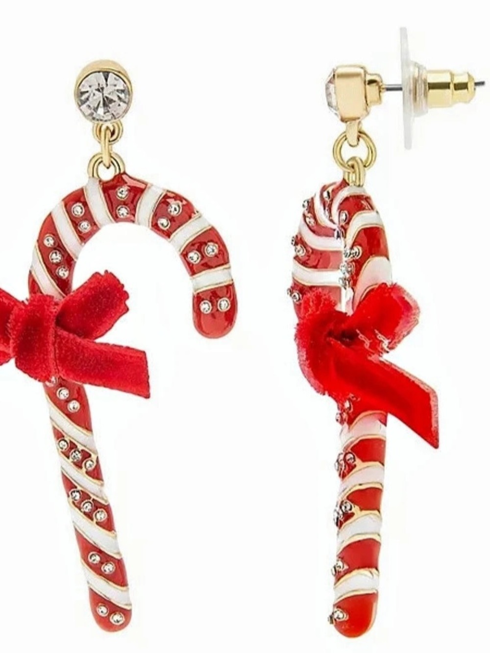 Torrid Candy Cane Gold Earrings Rhinestone Red & White NWT
